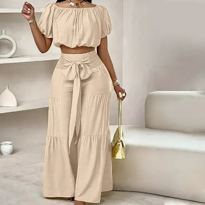 Women’s Off-Shoulder Crop Top & Wide-Leg Pants Set