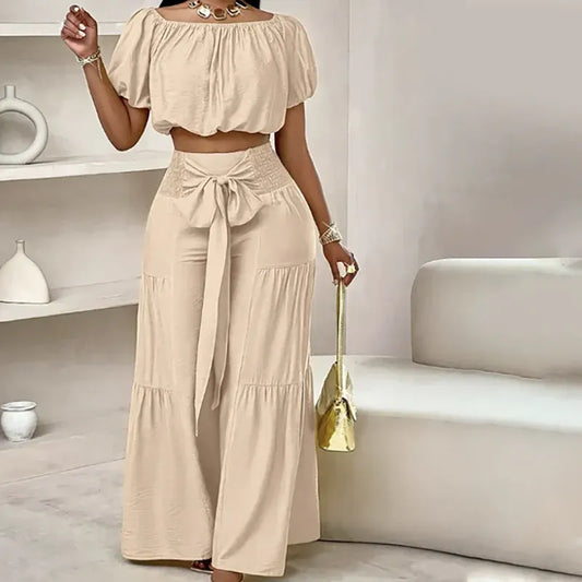 Women’s Off-Shoulder Crop Top & Wide-Leg Pants Set