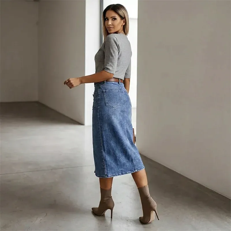 Women’s High-Waisted Button-Front Denim Midi Skirt