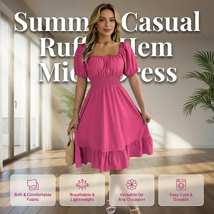 Women’s Smocked Square Neck Ruffle Hem Midi Dress