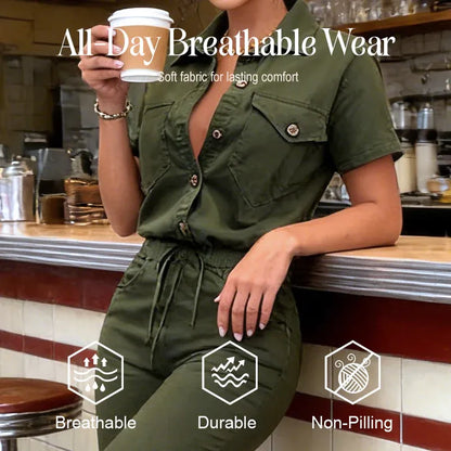 Women’s Button-Front Short-Sleeve Utility Jumpsuit