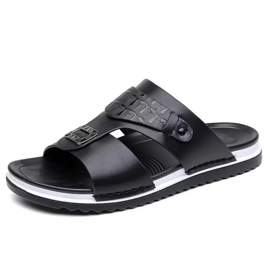 Men's Leather-Look Double Strap Slip-On Sandals