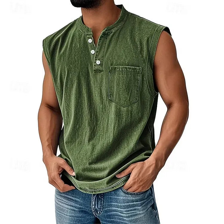 Men’s Sleeveless Henley Tank Top With Pocket