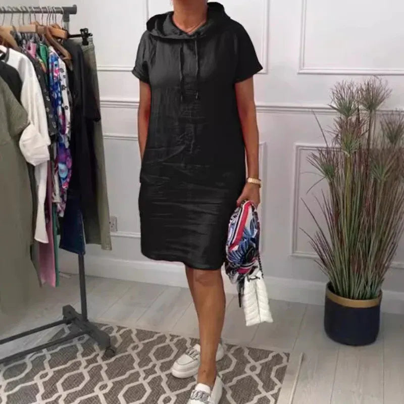 Women’s Casual Hooded Short Sleeve Linen Blend Dress with Pockets