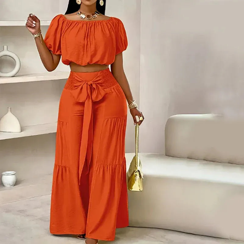 Women’s Off-Shoulder Crop Top & Wide-Leg Pants Set