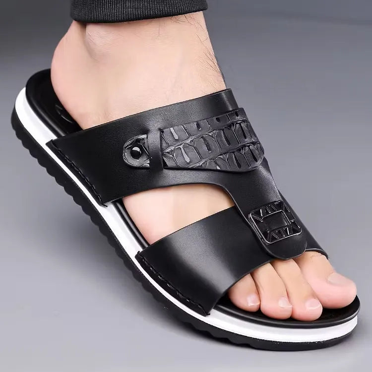 Men's Leather-Look Double Strap Slip-On Sandals