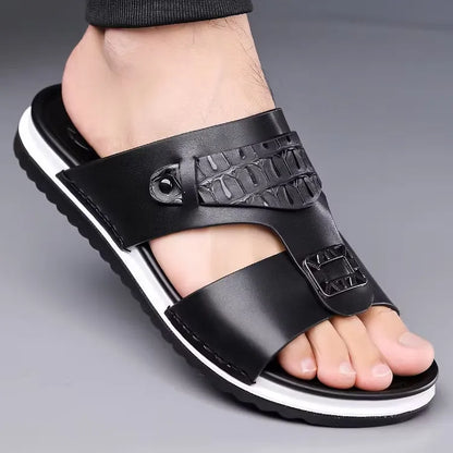 Men's Leather-Look Double Strap Slip-On Sandals