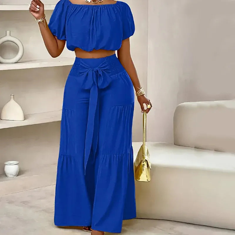 Women’s Off-Shoulder Crop Top & Wide-Leg Pants Set