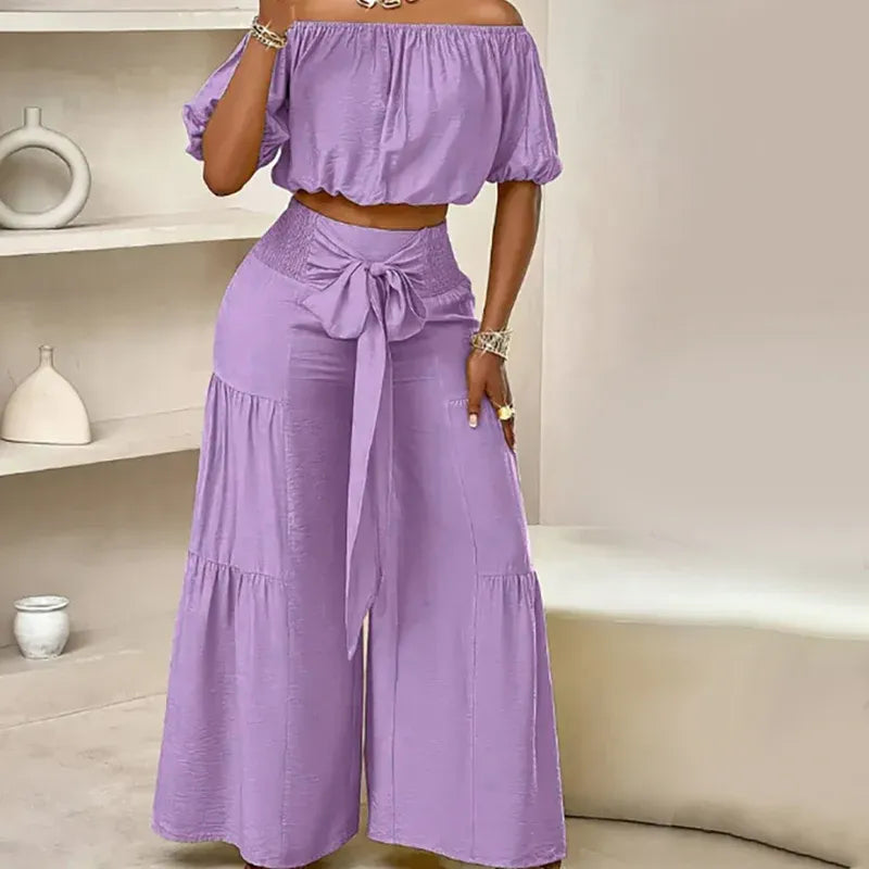Women’s Off-Shoulder Crop Top & Wide-Leg Pants Set