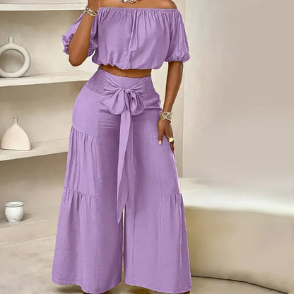 Women’s Off-Shoulder Crop Top & Wide-Leg Pants Set