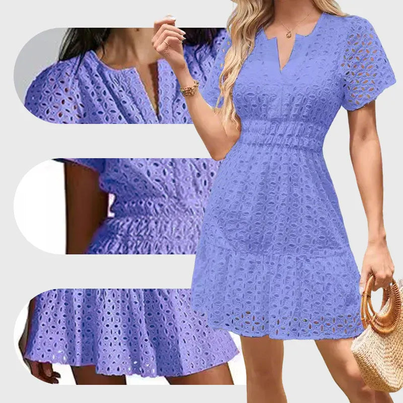 Women’s Eyelet V-Neck Short Sleeve Mini Dress