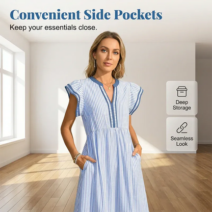 Women’s Striped V-Neck Flutter Sleeve Midi Dress