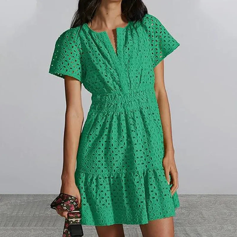 Women’s Eyelet V-Neck Short Sleeve Mini Dress