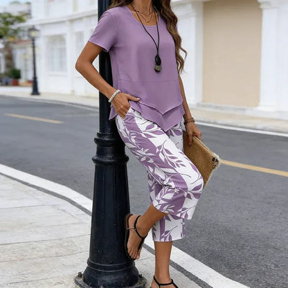 Women’s Layered Tunic Top and Printed Cropped Pants Set