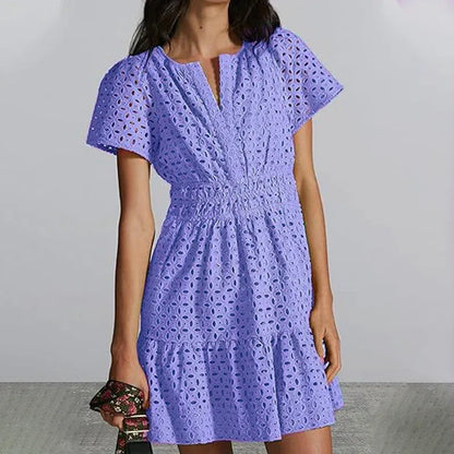 Women’s Eyelet V-Neck Short Sleeve Mini Dress