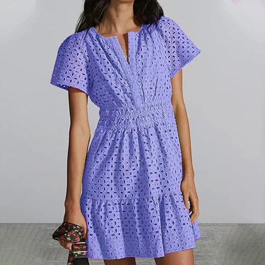Women’s Eyelet V-Neck Short Sleeve Mini Dress