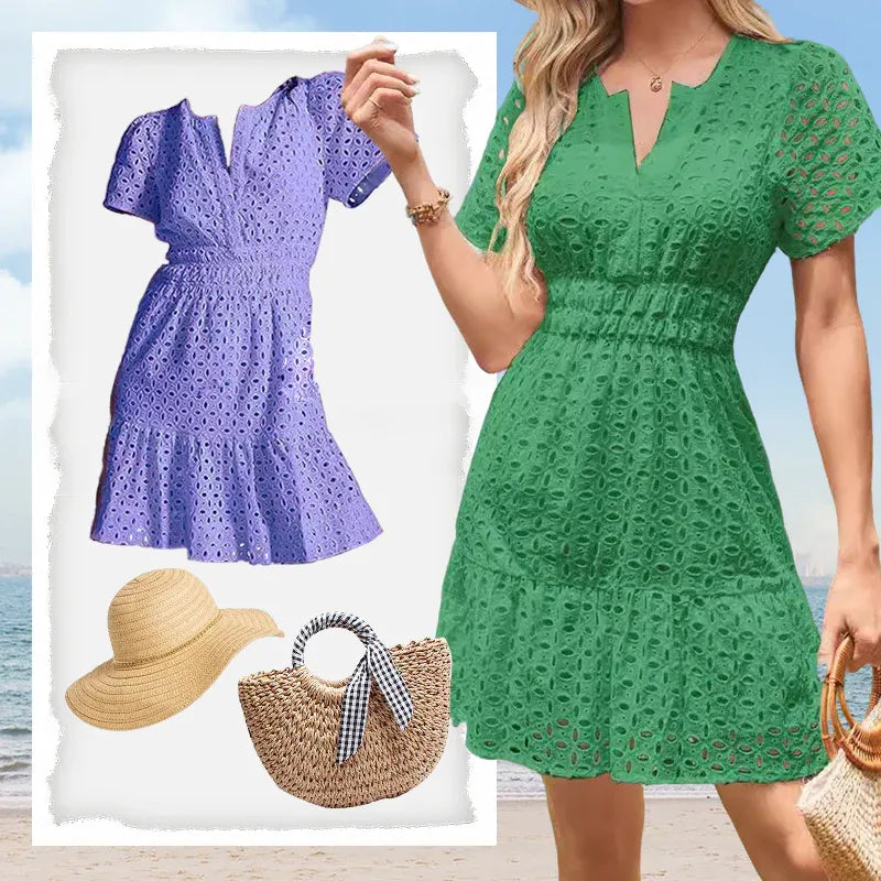 Women’s Eyelet V-Neck Short Sleeve Mini Dress