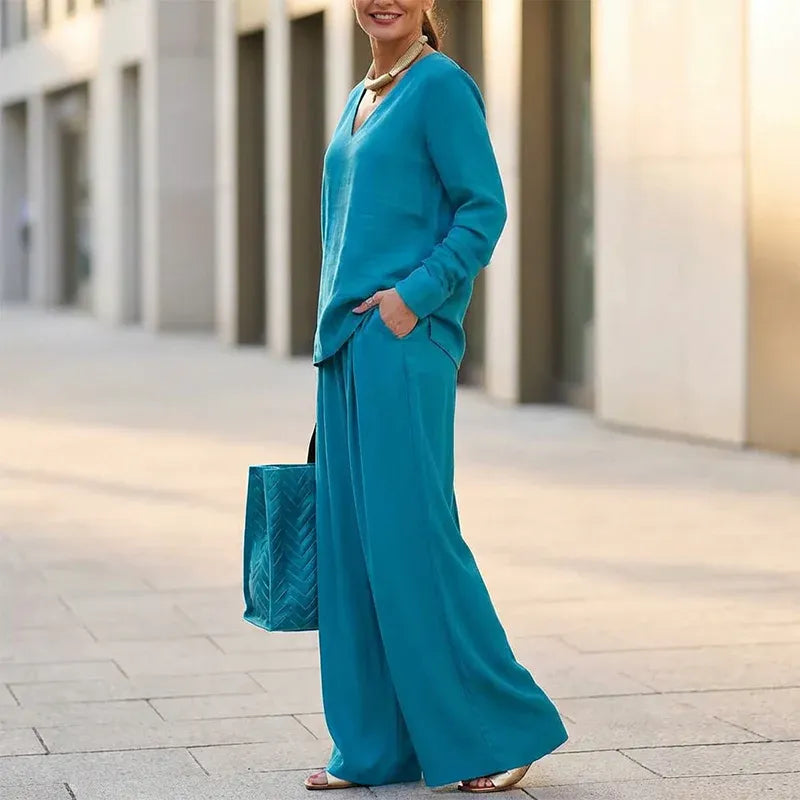 Women’s V-Neck Top and Wide-Leg Pants Set