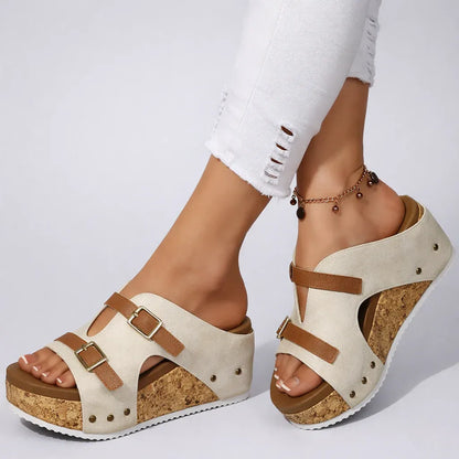 Adjustable Strap Cork Platform Slide Sandals