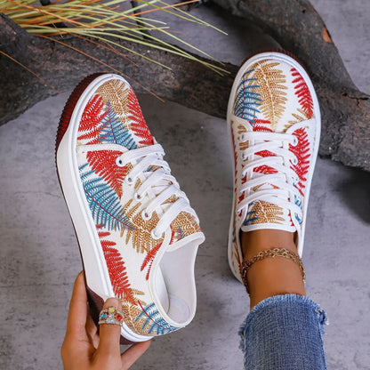 Women’s Breathable Leaf Print Lace-Up Casual Sneakers