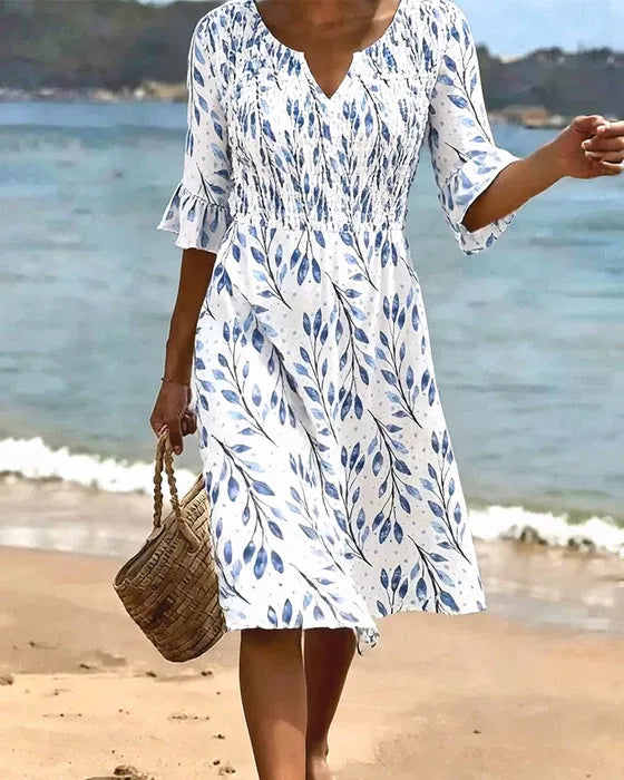 Women’s Smocked Printed Midi Dress with Ruffle Sleeves