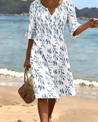 Women’s Smocked Printed Midi Dress with Ruffle Sleeves