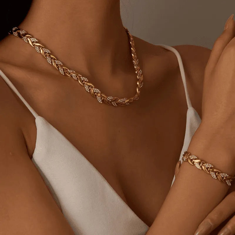 Rhinestone Leaf Link Necklace & Bracelet Set