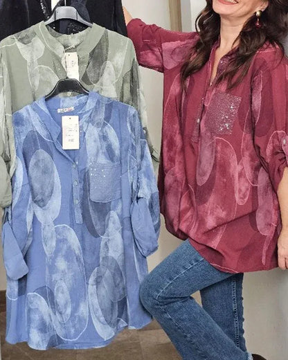 Women’s Printed Roll-Tab Sleeve Tunic Blouse with Pocket