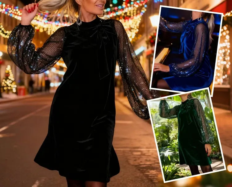 Velvet Sparkle Sleeve Bow Dress