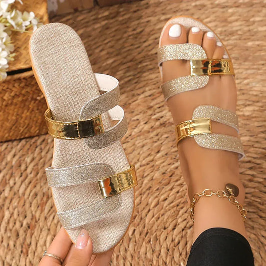 Women’s Metallic Strap Comfort Slide Sandals