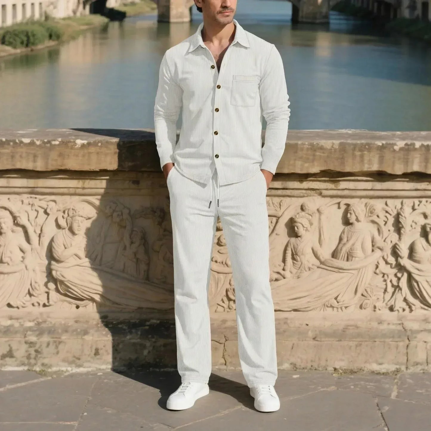 Men’s Textured Button-Up Shirt and Pants Set
