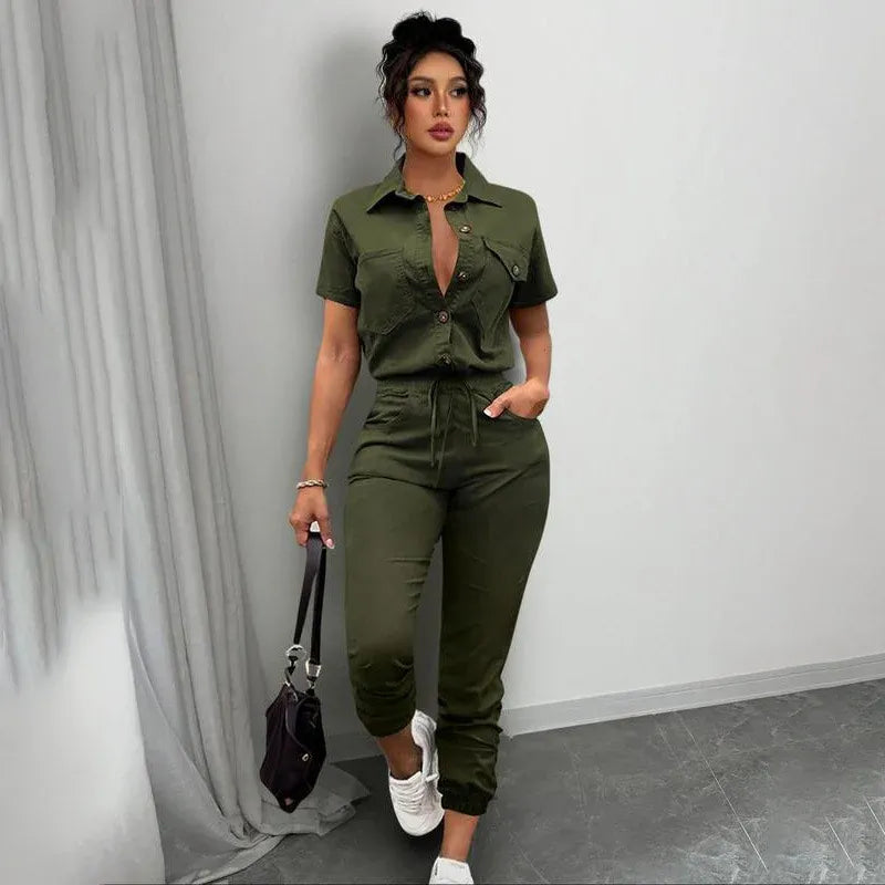 Women’s Button-Front Short-Sleeve Utility Jumpsuit