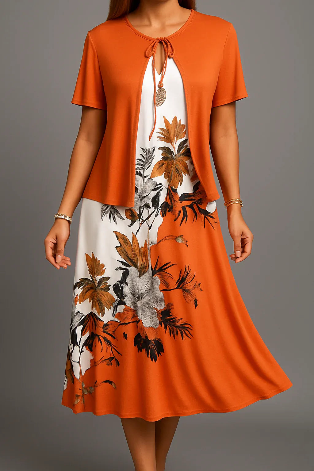 Women's Floral Print Tie Neck Midi Dress