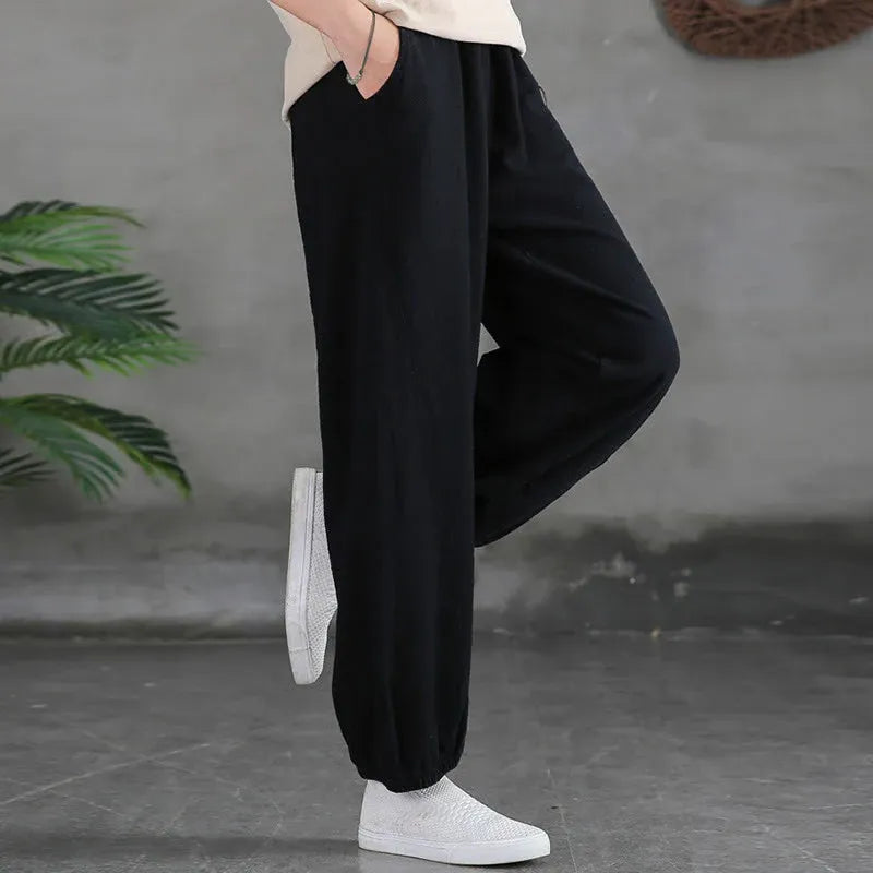 Casual Elastic Waist Cotton-Linen Pants with Pockets