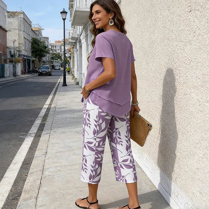 Women’s Layered Tunic Top and Printed Cropped Pants Set