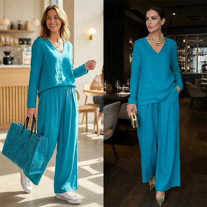 Women’s V-Neck Top and Wide-Leg Pants Set