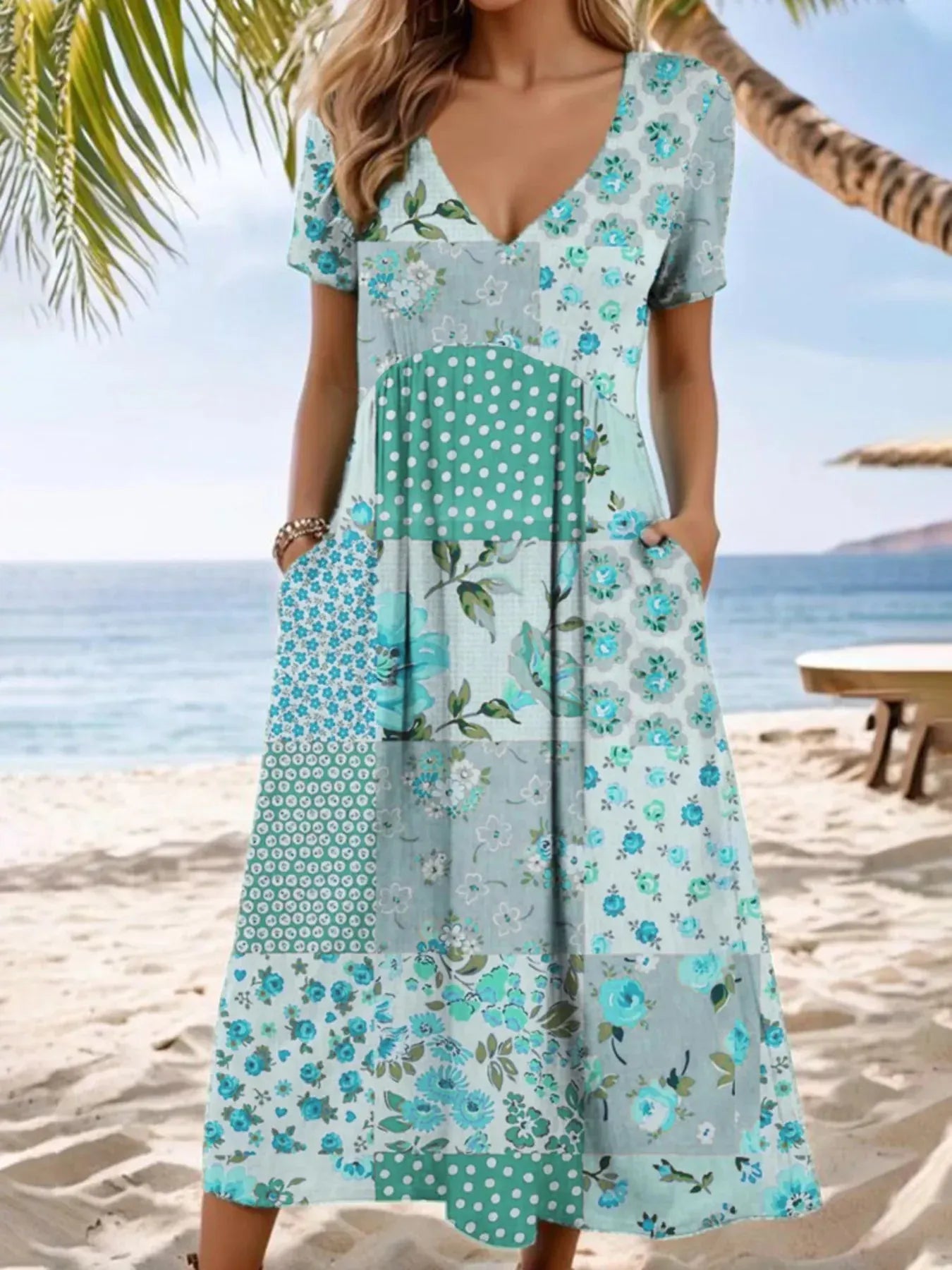 Women's Patchwork Floral V-Neck Pocket Dress