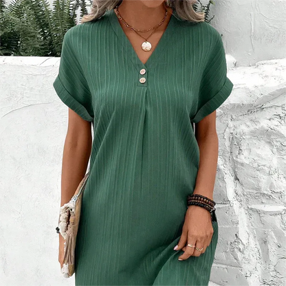 Women’s Casual V-Neck Rolled Sleeve Shift Dress