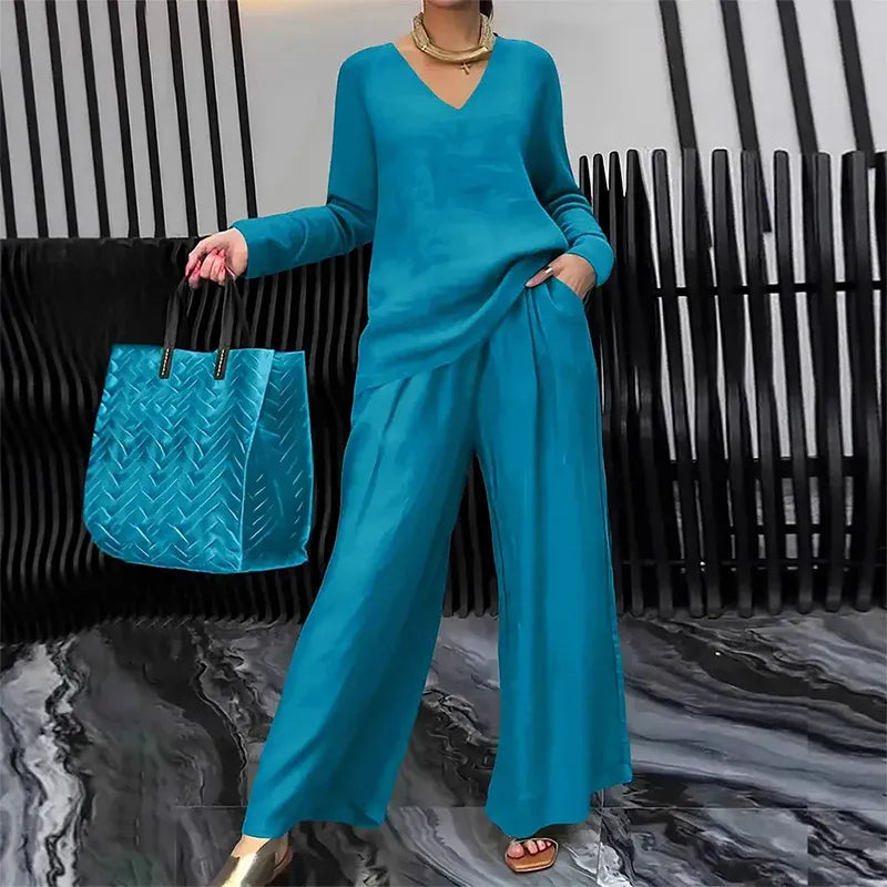 Women’s V-Neck Top and Wide-Leg Pants Set