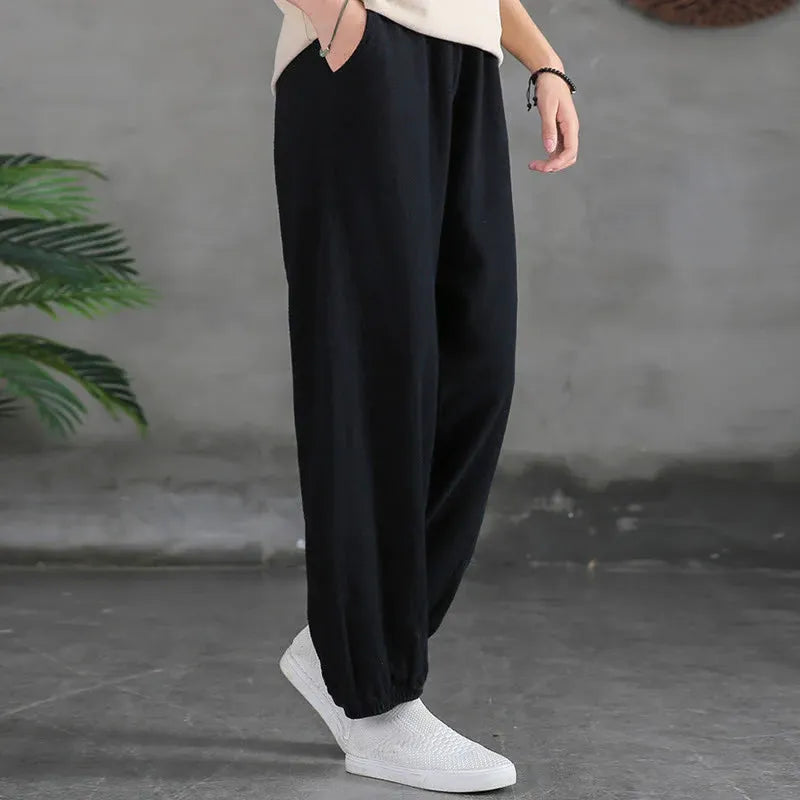 Casual Elastic Waist Cotton-Linen Pants with Pockets