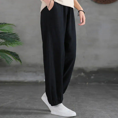 Casual Elastic Waist Cotton-Linen Pants with Pockets