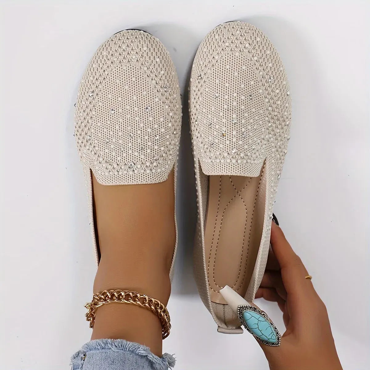 Women’s Rhinestone Knit Slip-On Flats