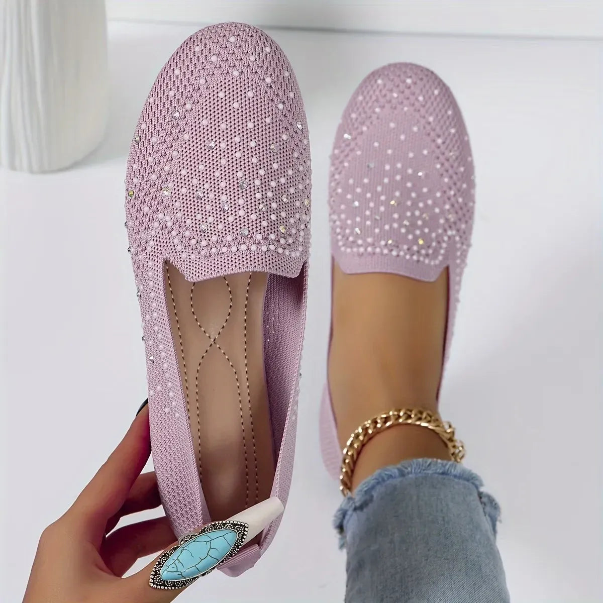 Women’s Rhinestone Knit Slip-On Flats