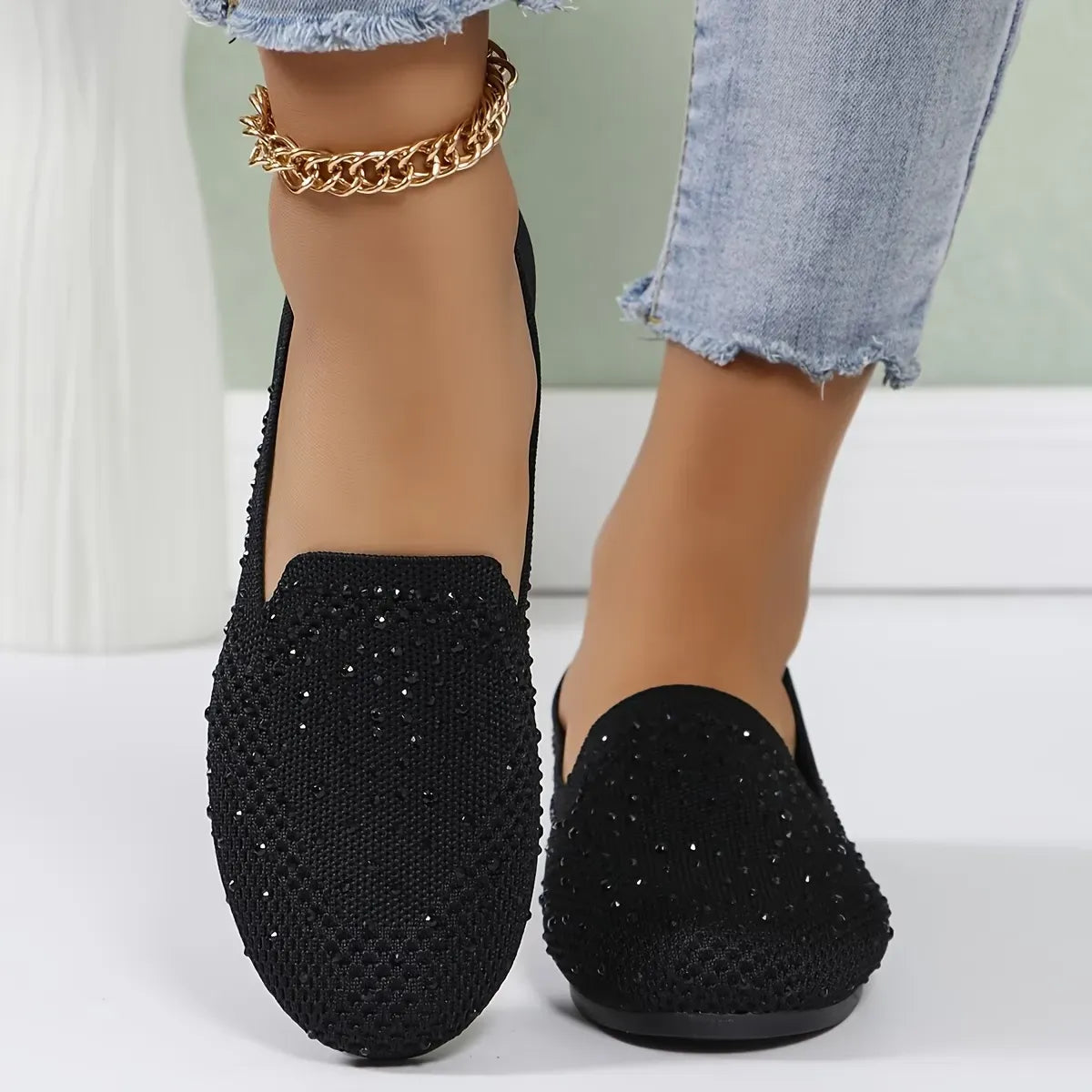 Women’s Rhinestone Knit Slip-On Flats