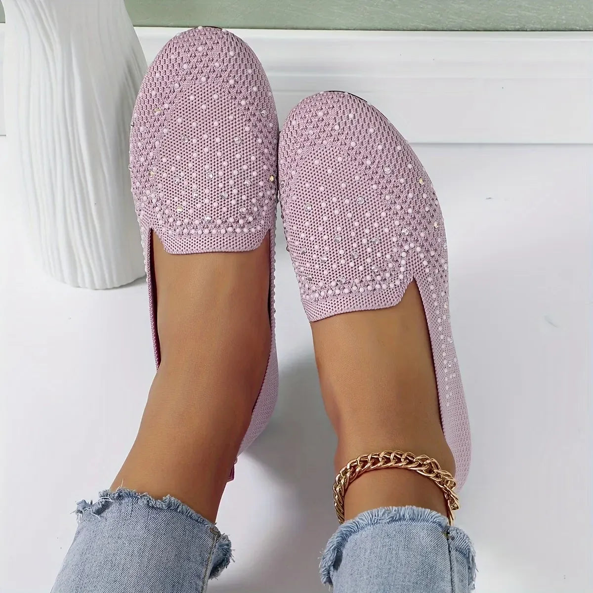 Women’s Rhinestone Knit Slip-On Flats