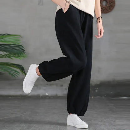 Casual Elastic Waist Cotton-Linen Pants with Pockets