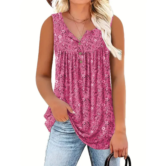 Women’s Floral Print Sleeveless Button Front Top