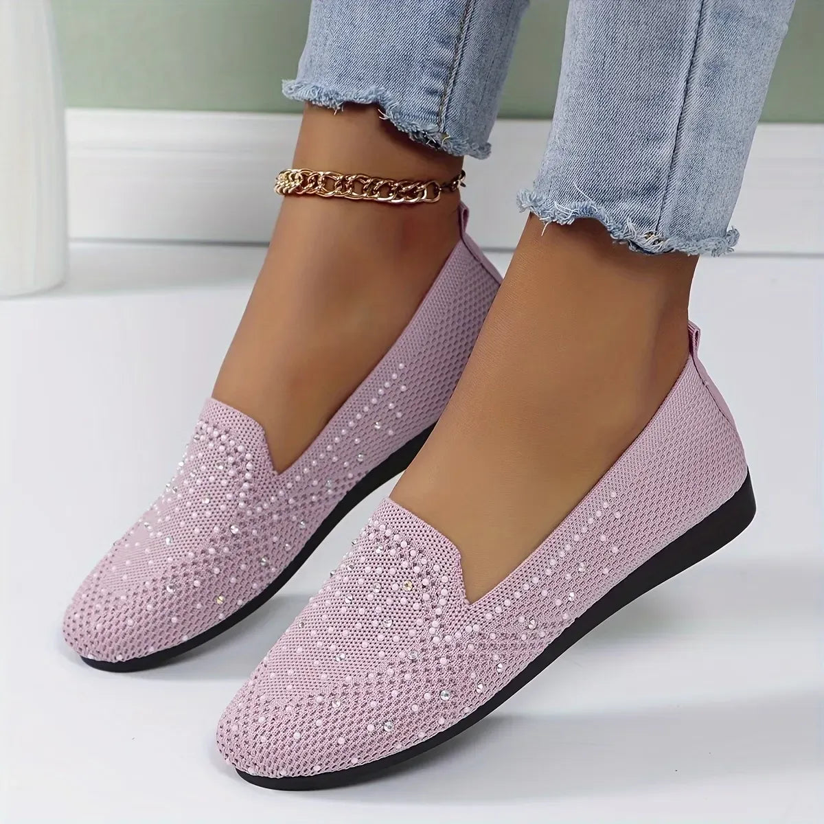 Women’s Rhinestone Knit Slip-On Flats