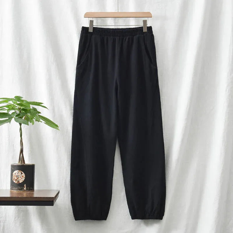 Casual Elastic Waist Cotton-Linen Pants with Pockets