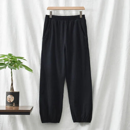 Casual Elastic Waist Cotton-Linen Pants with Pockets